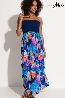 Pour Moi Blue Strapless Shirred Bodice Maxi Beach Dress (Q75562) | $92