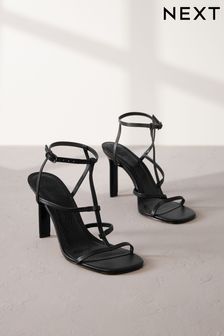 Black Signature Leather Strappy Heeled Sandals (Q75583) | $127