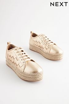 Gold Forever Comfort® Leather Espadrille Flatform Weave Trainers (Q75601) | $94