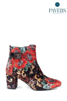 Pavers Red Heeled Floral Ankle Boots