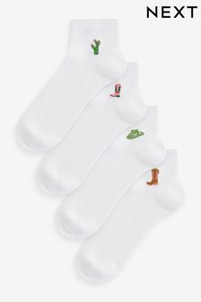 Embroidered Motif White Trainers Socks 4 Pack