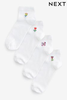 Embroidered Motif White Trainers Socks 4 Pack