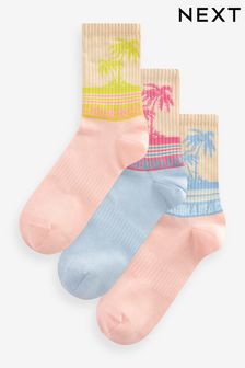 Rosa/azul/amarillo con palmeras - Paquete de 3 pares calcetines de canalé con soporte para el arco (Q76160) | 11 €