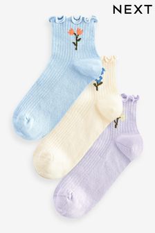 Pink/Lilac/Ecru Floral Frill Cropped Ankle Socks 3 Pack (Q76182) | €10