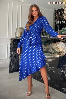 Girl In Mind Blue Tanya Foil Asymmetric Midi Dress (Q76234) | kr920