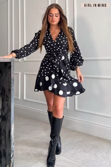 Girl In Mind Black Katrina Spot Print Long Sleeve Mini Dress (Q76252) | €58