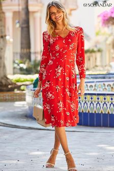 Sosandar Red Floral Print Ruched Waist Button Front Midi Dress (Q76354) | $135