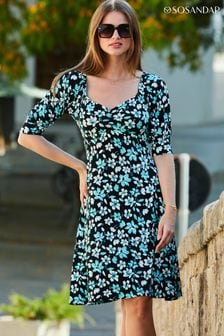 Sosandar Blue Floral Print Ruched Detail Jersey Dress (Q76417) | 371 QAR