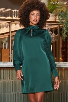 Sosandar Green Satin Twist Neck Detail Shift Dress (Q76477) | €107