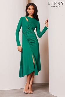 Lipsy Forest Green Petite Long Sleeve Cutout Ruched Asymmetrical Midi Dress (Q76481) | $114