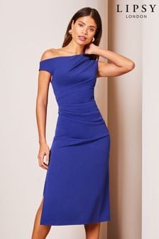 Lipsy Cobalt Blue Drape One Shoulder Ruched Midi Dress (Q76615) | $104