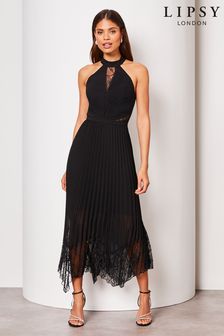 Lipsy Black Petite Halter Pleated Lace Midi Dress (Q76622) | €106