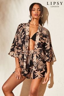 Lipsy Black Palm Printed Open Sleeved Kimono Cover up (Q76650) | kr394