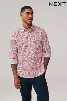 Red Linen Blend Printed Roll Sleeve Shirt (Q76657) | $54