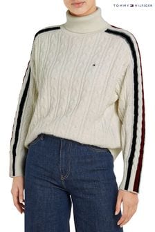 Tommy Hilfiger Global Stripe Cable Roll Neck White Sweater (Q76836) | €107