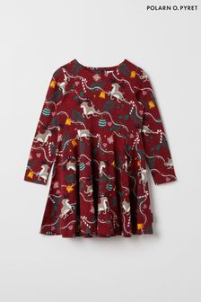 Czerwona sukienka świąteczna Polarn O Pyret z bawełny organicznej z nadrukiem reniferów (Q76985) | 95 zł
