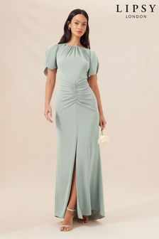Lipsy Sage Green Short Sleeve Ruched Front Split Bridesmaid Dress (Q77019) | AED402