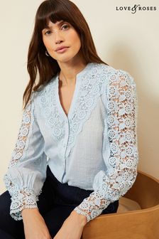 Love & Roses Blue Lace Sleeve V Neck Cotton Dobby Blouse (Q77063) | AED211