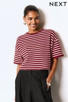 Red and Cream Stripe Short Sleeve Heavyweight Crochet T-Shirt (Q77082) | €33