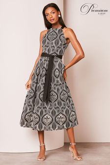Lipsy Black/White Premium Embroidered Lace Halter Belted Midi Dress (Q77087) | $224