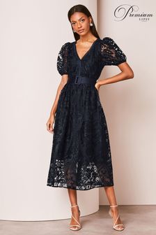 Lipsy Navy Blue Premium Lace Embroidered Puff Sleeve Belted Midi Dress (Q77088) | kr2 450