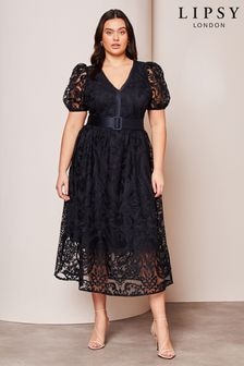 Lipsy Navy Blue Curve Premium Lace Embroidered Puff Sleeve Belted Midi Dress (Q77090) | $227