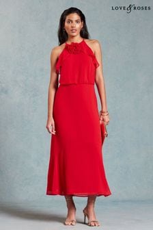Love & Roses Red Halterneck Corsage Detail Midi Dress (Q77398) | AED344