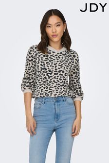 JDY Grey Leopard Print Soft Touch V-Neck Jumper (Q77410) | AED194