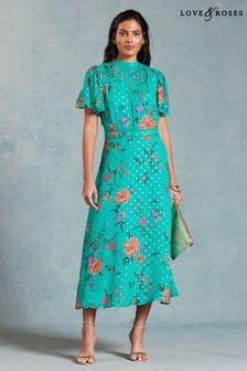 Love & Roses Green Floral Printed Metallic Flutter Sleeve Midi Dress (Q77432) | €91