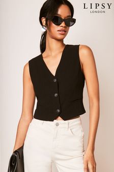Lipsy Black Petite Linen Button Through Waistcoat (Q77449) | kr522