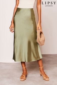Lipsy Khaki Green Satin Bias Cut Midi Skirt (Q77461) | OMR14