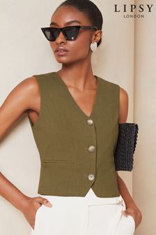 Lipsy Khaki Green Linen Button Through Waistcoat (Q77474) | AED188