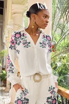 V&A | Love & Roses White Embroidered Linen Button Through Shirt (Q77494) | AED233