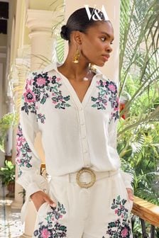 V&A | Love & Roses White Embroidered Linen Button Through Shirt (Q77494) | $116