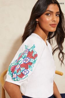 Білий - Love & Roses Cutwork Detail Puff Sleeve Jersey T-shirt (Q77506) | 1 602 ₴