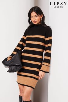 Lipsy Black Long Sleeve Stripe Knitted Jumper Dress (Q77519) | $68