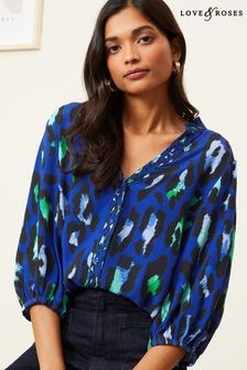 Love & Roses Blue Petite Ruffle V Neck 3/4 Sleeve Button Through Blouse (Q77526) | $62