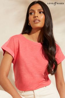 Koralle - Love & Roses Jersey-T-Shirt mit Rundhalsausschnitt und gewebtem Besatz im Leinenlook (Q77529) | 25 €