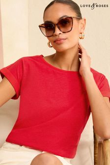 Leuchtend rot - Love & Roses Jersey-T-Shirt mit Rundhalsausschnitt und gewebtem Besatz im Leinenlook (Q77553) | 25 €