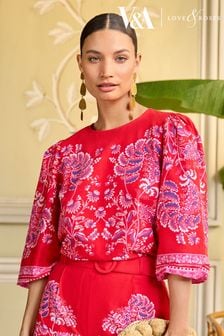 V&A | Love & Roses Red Paisley Printed Puff Sleeve Crew Neck Top (Q77558) | 188 QAR