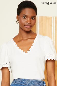 Love & Roses Ivory White Scallop V Neck Jersey T-Shirt (Q77563) | ￥4,230