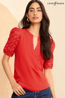 Love & Roses Chilli Red Broderie Short Sleeve V Neck Jersey Top (Q77566) | 139 QAR
