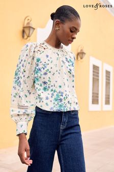Love & Roses Ivory White Floral Print Lace Long Sleeve Blouse (Q77575) | €45