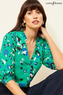 Love & Roses Green Ruffle V Neck 3/4 Sleeve Button Up Blouse (Q77576) | kr467