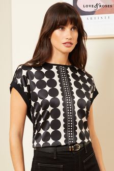 Love & Roses Black Polka Dot Satin Front Jersey Back Crew Neck Blouse (Q77578) | AED161