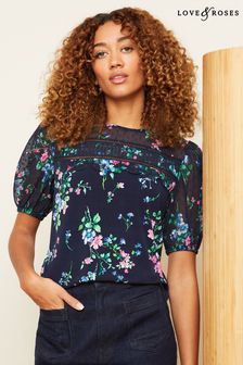 Love & Roses Navy Blue Floral Scallop Dobby Yoke Round Neck Short Sleeve Jersey Top (Q77581) | $48