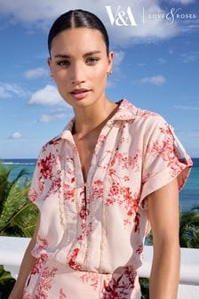 V&a | Love & Roses Bedruckte Bluse mit Knopfleiste, Leinenanteil und Spitzenbesatz (Q77602) | 55 €