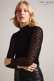 Ted Baker Black High Neck Top In Flocked Leopard (Q77609) | ₪ 256