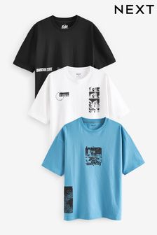 Black/White/Blue Urban Print Graphic T-Shirt (Q77660) | kr464