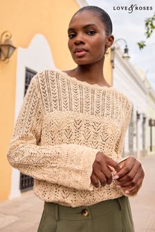 Love & Roses Gold Pointelle Scallop Cuff Knitted Jumper (Q77694) | €51